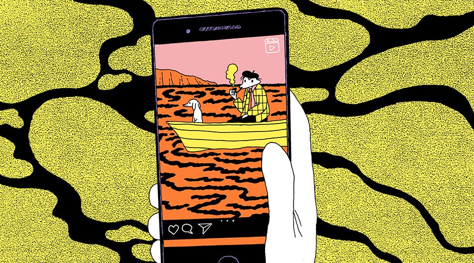 Illustration einer Hand, die ein Smartphone hält. Auf dem Bildschirm ist ein buntes Bild zu sehen: Eine Person sitzt mit einem Hund in einem gelben Ruderboot auf einem rot-schwarzen See. Der Hintergrund ist rosa-orange, und die Person hält eine gelbe Eistüte. Das Gesamtbild hat einen surrealen, comicartigen Stil mit auffälligen Farben und Mustern.