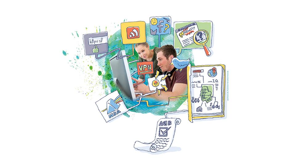 Digitale Schule MV Ein Mann und eine Frau nutzen einen Laptop zur gemeinsamen Arbeit.