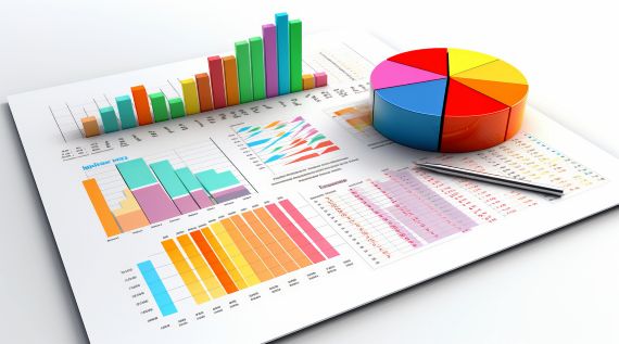 Eine Darstellung von bunten Diagrammen auf Papier: ein 3D-Kreisdiagramm, Balken- und Säulendiagramme sowie eine Tabelle mit einem Stift daneben. Eine Darstellung von bunten Diagrammen auf Papier: ein 3D-Kreisdiagramm, Balken- und Säulendiagramme sowie eine Tabelle mit einem Stift daneben.